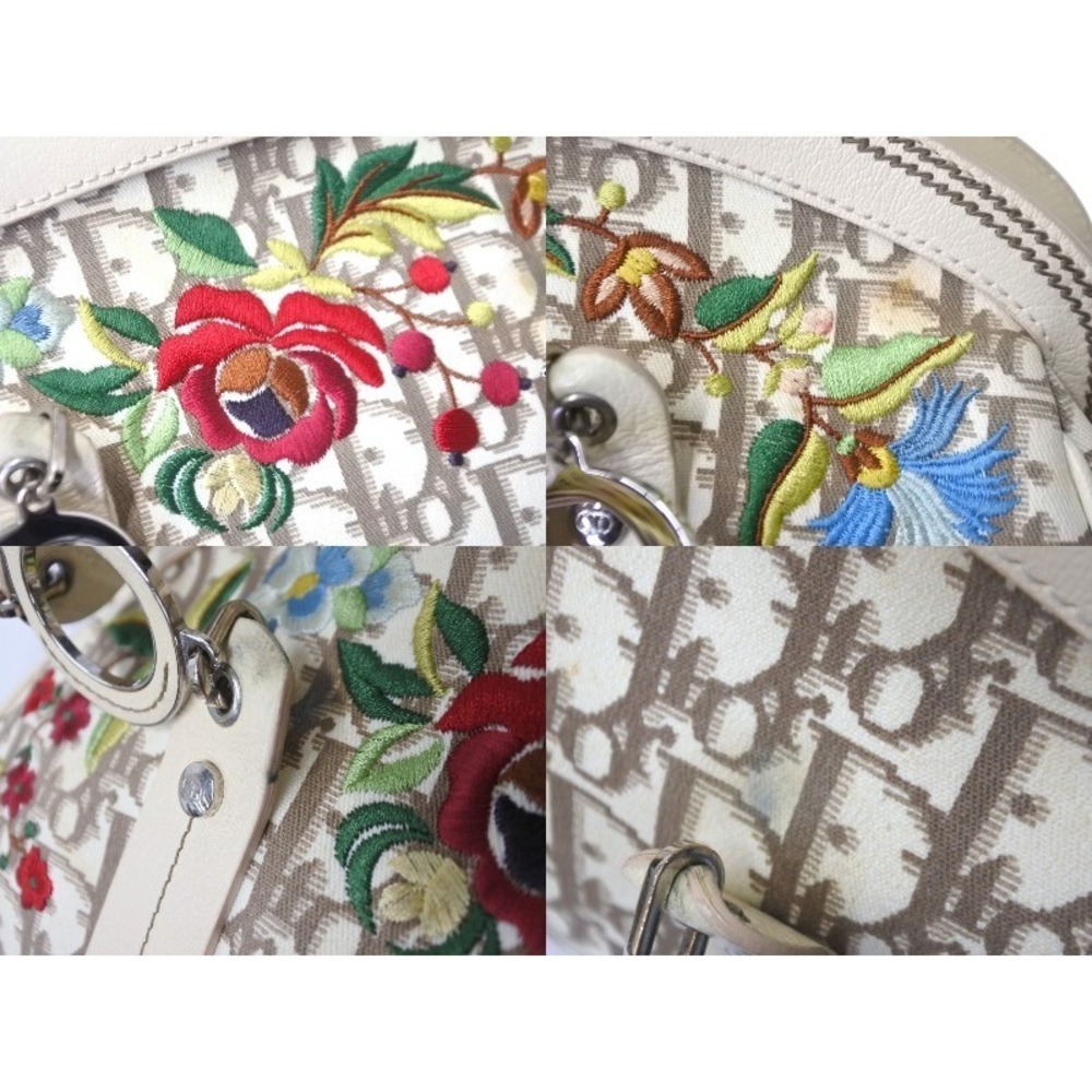 Dior Handbag Canvas Tan Flower Embroidery Trotter Christian Floral Beige - Picture 5 of 10